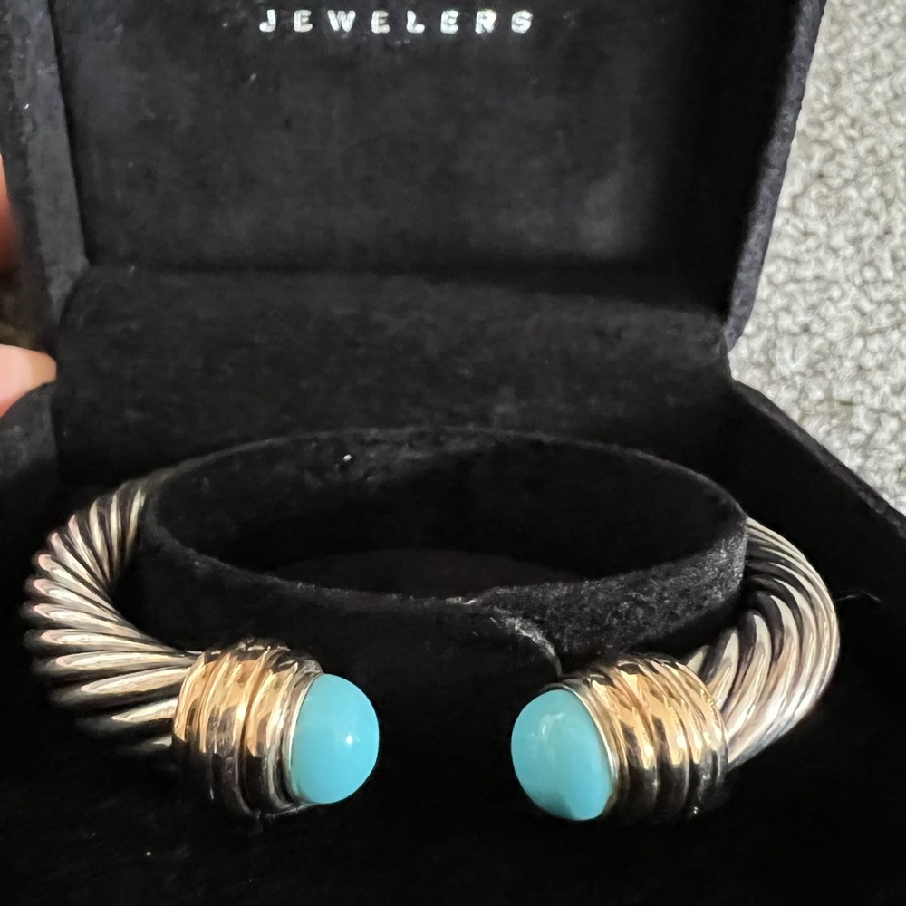 Sterling silver with 14K gold and turquoise stones cable bracelet
